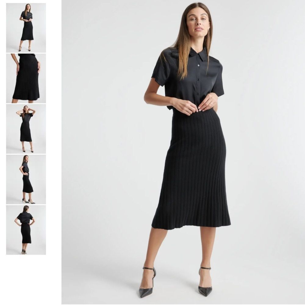 Quince 100% Mongolian Cashmere Grade A Black Ribbed Soft Midi Skirt small